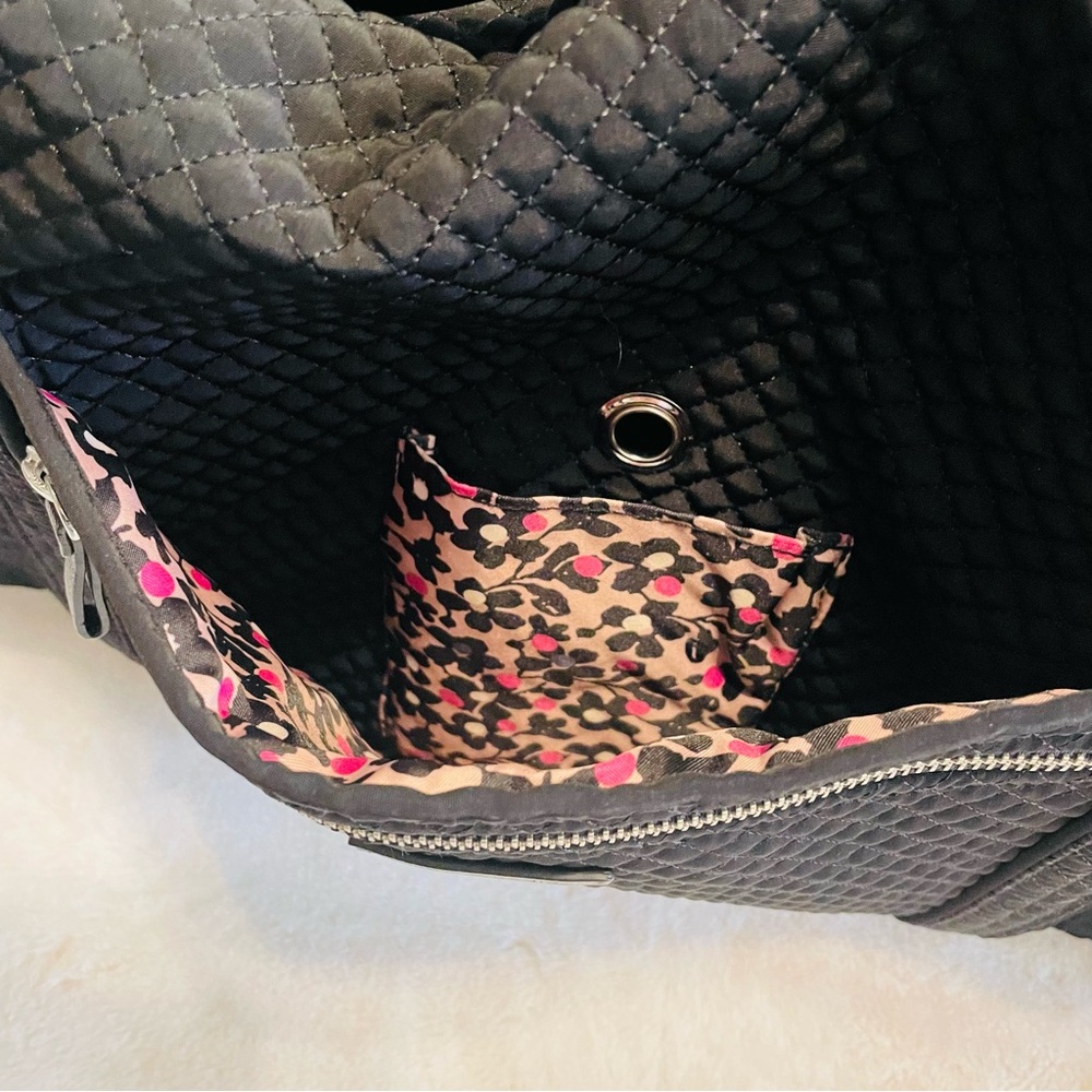 Vera Bradley Black Quilted Large Original Duffel Bag w/ Pink Leopard Lining - Picture 3 of 8